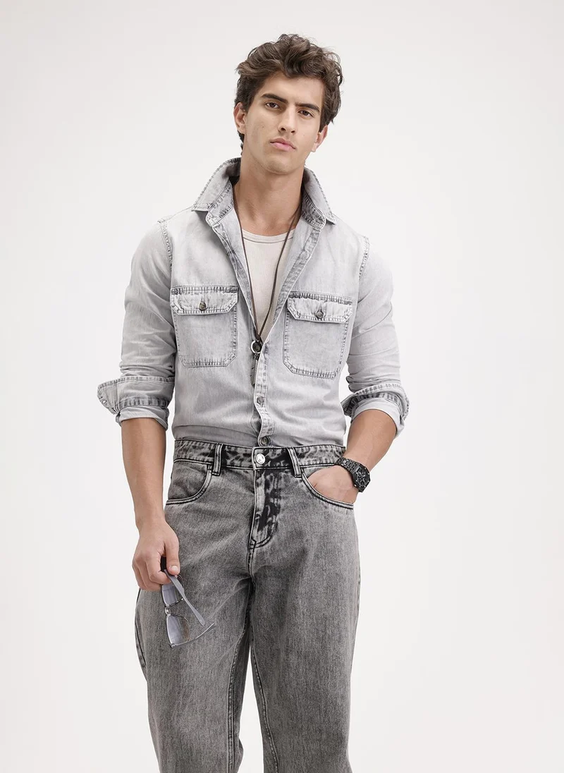 روجن Slim Fit Faded Denim Shirt  | Grey